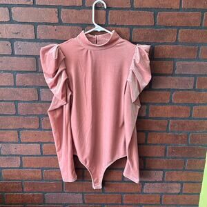 Wild Junkie Boutique Velour Blush Pink Bodysuit - Size Medium Puff Sleeve Girly
